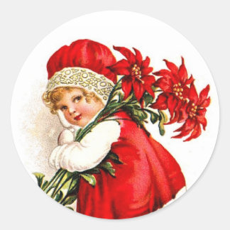 Sticker Rond Illustration vintage fille portant des Poinsettias