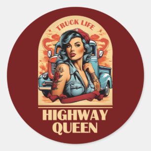 Sticker Rond Illustration Vintage Highway Queen - Camionnette