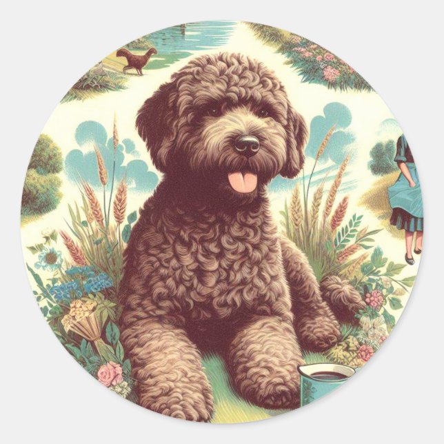 Sticker Rond Illustration vintage Lagotto Romagnolo (Devant)