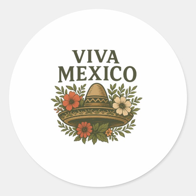 Sticker Rond Illustration Viva Mexico Floral Sombrero (Devant)