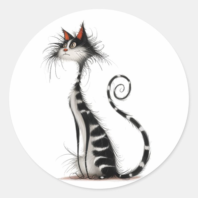 Sticker Rond Illustration Whimsical Black Striped Cat (Devant)