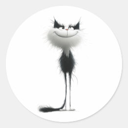 Sticker Rond Illustration Whimsical Black White Grinning Cat