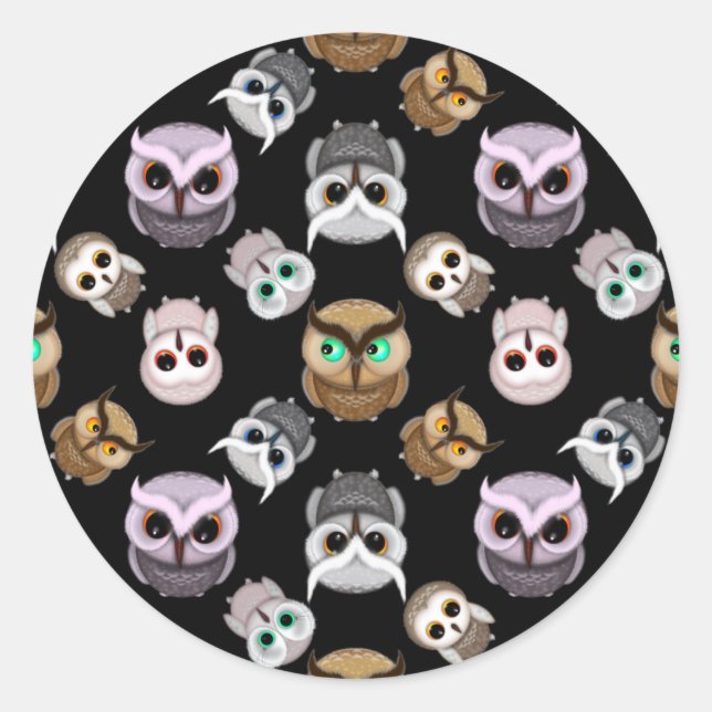 Sticker Rond Illustrations de chouette mignonne sur fond noir (Devant)