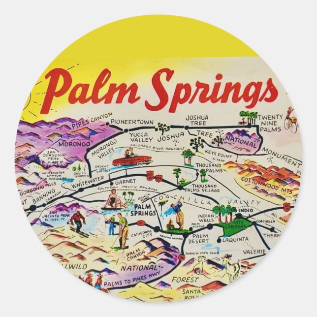 Sticker Rond Illustré Rétro Palm Springs  (Devant)