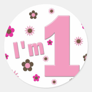 Sticker Rond "I'm 1" Fleurs roses et Brown Anniversaire
