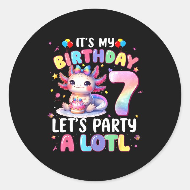 Sticker Rond I'm 7th Birthday Girl Cute Axolotl 7 Year Old Bday (Devant)