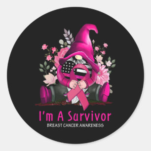 Sticker Rond I'm A Survivor Gnome Pink Ribbon Breast Cancer Awa