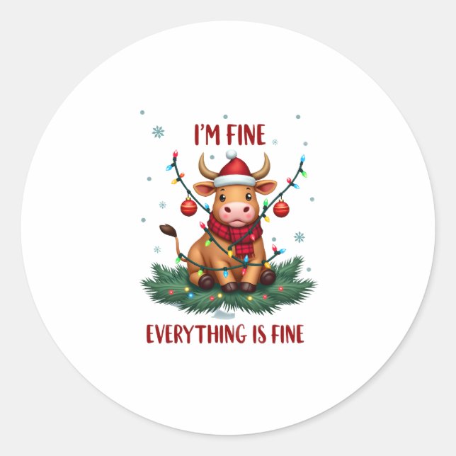 Sticker Rond I'm Fine Everything is Fine Christmas Highland Cow (Devant)