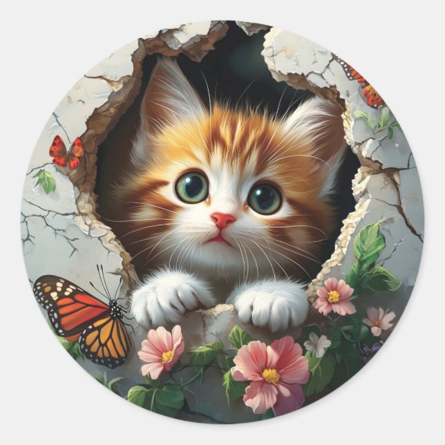 Sticker Rond Image 3D d'un petit chaton mignon regardant dehors (Devant)