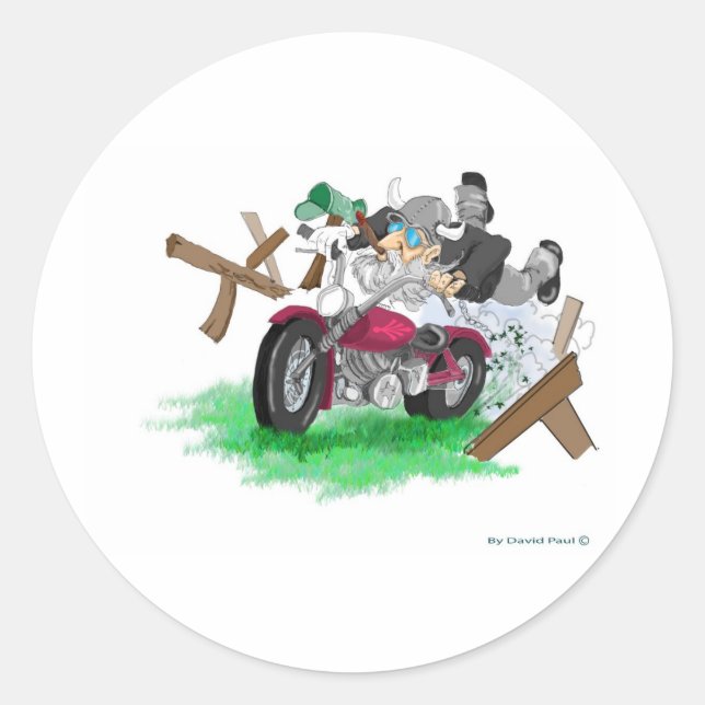 Sticker Rond Image amusante de l'homme sur la moto s'écrasant (Devant)