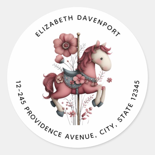 Sticker Rond Image d'un cheval de carrousel fantaisiste Adresse (Devant)