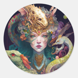 Sticker Rond Imaginaire Art Dragon Goddess Queen