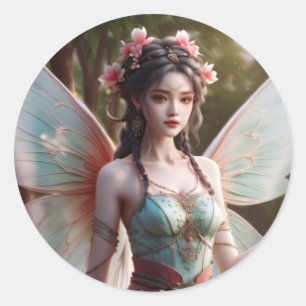 Sticker Rond Imaginaire de fée rose et vert foncé de printemps
