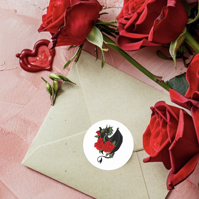 Sticker Rond Imaginaire de Roses rouges Dragon Noir (Créateur téléchargé)