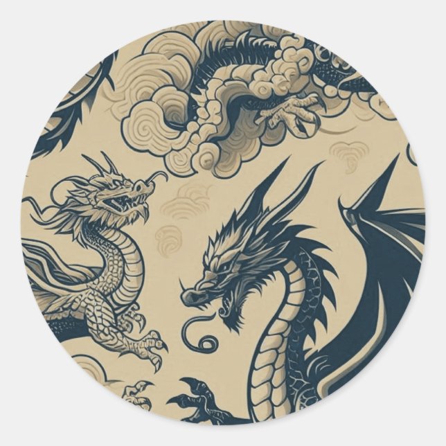 Sticker Rond Imaginaire Dragons antiques (Devant)
