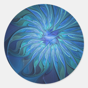 Sticker Rond Imaginaire Fleur Bleue Motif, Art Fractal Abstrait