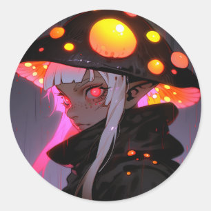 Sticker Rond Imaginaire foncé Champignons Elf Anime Girl