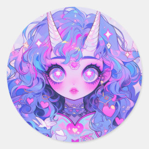 Sticker Rond Imaginaire Magique Unicorne Créature Anime Girl