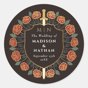 Sticker Rond Imaginaire médiéval Red Sword Shield Mariage Monog