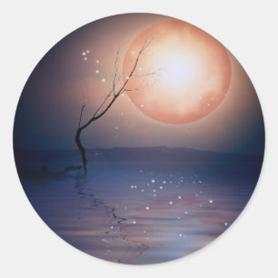 Sticker Rond Imaginaire rose et bleu lune mousseuse au-dessus d