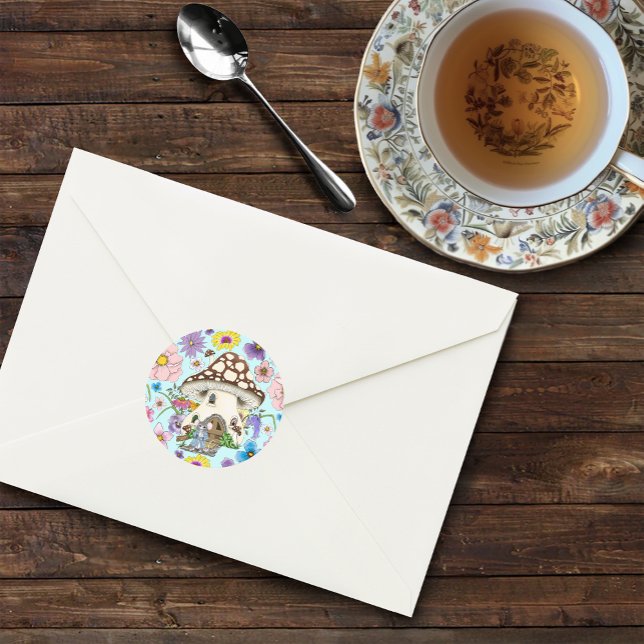 Sticker Rond Imaginaire Souris Champignon Maison Floral (Créateur téléchargé)