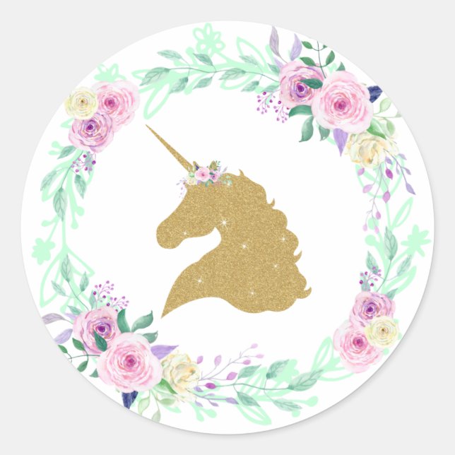 Sticker Rond Imaginaire Unicorn Floral Gold (Devant)