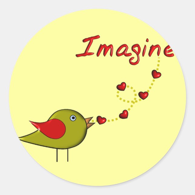 Sticker Rond "Imaginez" Design d'oiseaux et de coeurs (Devant)