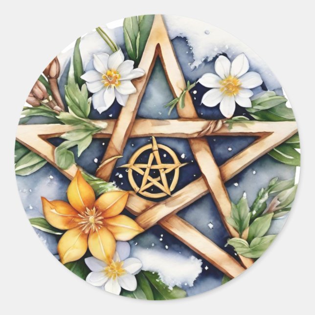 Sticker Rond Imboly Floral Snowy Pentacle Wiccan Holiday (Devant)