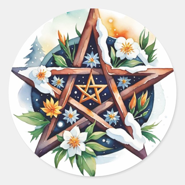 Sticker Rond Imboly Floral Snowy Pentacle Wiccan Holiday (Devant)