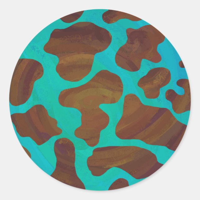Sticker Rond Impression Brown et Turquoise de vache (Devant)