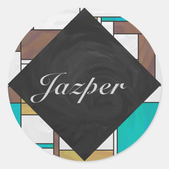 Sticker Rond Impression Brown jaune Turquoise Mondrial (Devant)