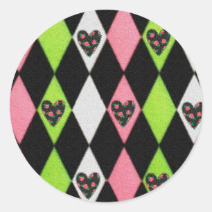 Sticker Rond Impression colorée d'Arlequin avec des cœurs de ro