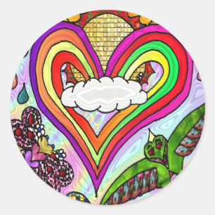 Sticker Rond Impression d'art de cœur arc-en-ciel psychédélique