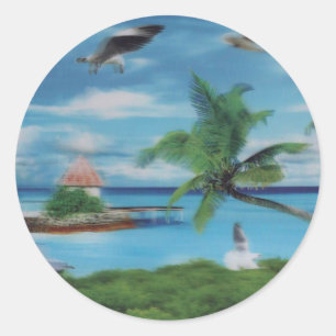 Sticker Rond Impression d'art de scène de plage tropicale