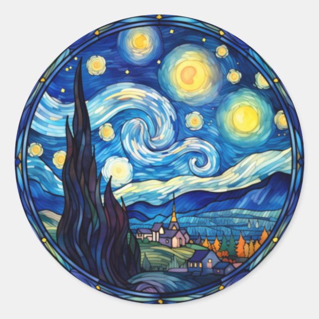 Sticker Rond Impression d'art inspirée de la nuit étoilée tourb (Devant)