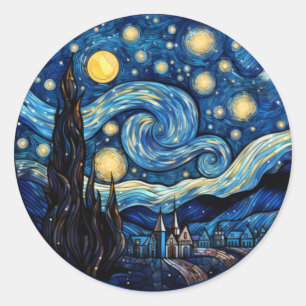 Sticker Rond Impression d'art inspirée de la nuit étoilée tourb