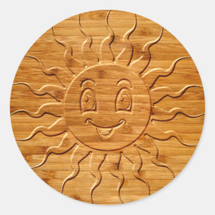 Sticker Rond Impression De La Face Solaire Souriante En Bois