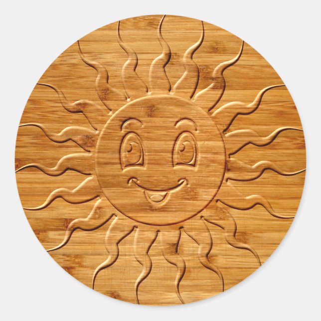 Sticker Rond Impression De La Face Solaire Souriante En Bois (Devant)