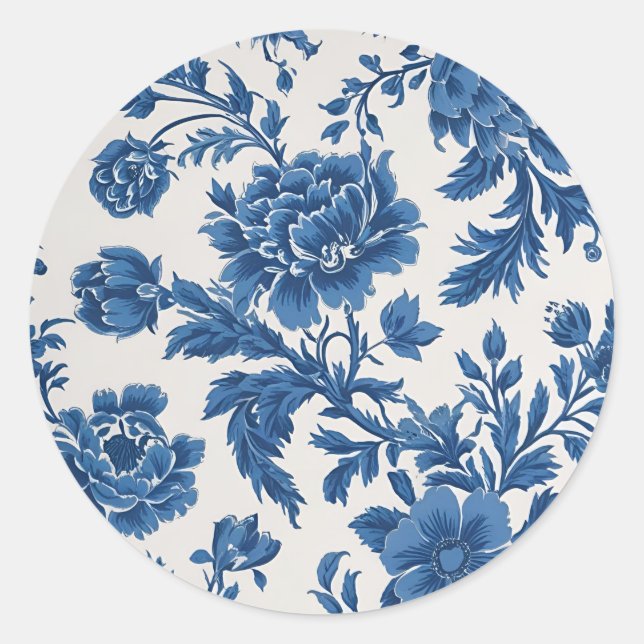 Sticker Rond Impression florale d'inspiration victorienne bleue (Devant)