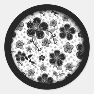 Sticker Rond Impression florale noire et blanche