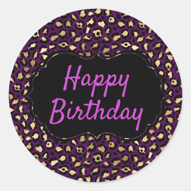 Sticker Rond Impression léopard violet et or pour anniversaire (Devant)