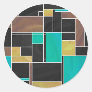 Sticker Rond Impression noire Turquoise Mondrian