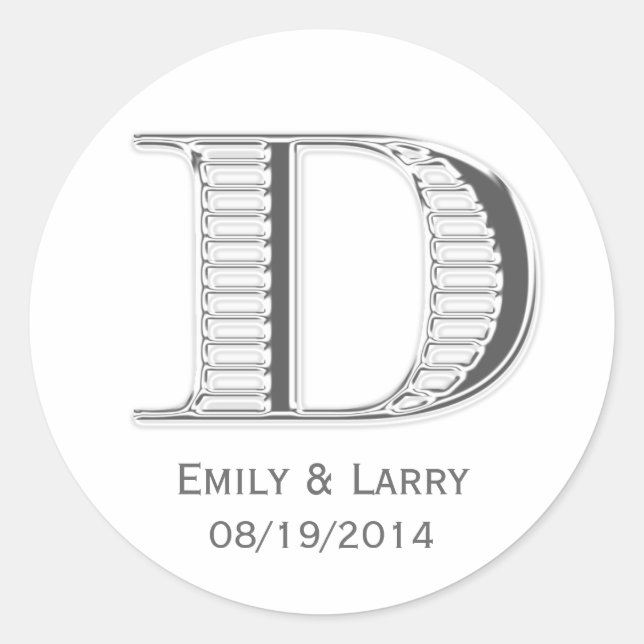 Sticker Rond Imprimé chrome blanc monogramme D mariage faveur (Devant)