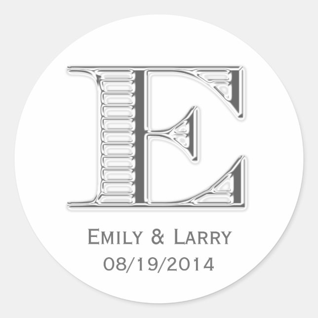 Sticker Rond Imprimé chrome blanc monogramme E mariage faveur (Devant)