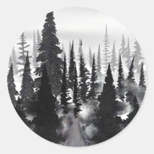 Sticker Rond Imprimer l'aquarelle de la forêt de pin monochrome