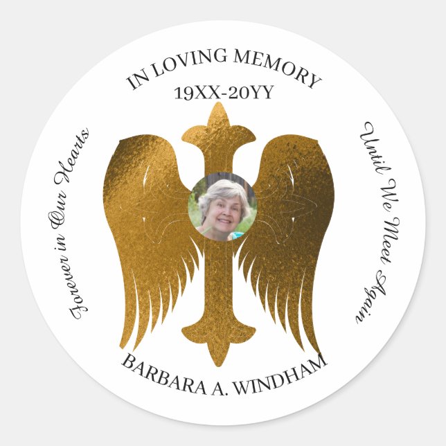 Sticker Rond In Love Memory Photo Keepsaké Croix avec ailes (Devant)