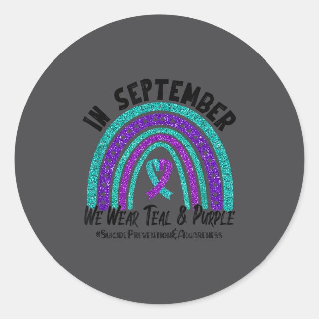 Sticker Rond In September We Wear Teal Purple Ribbon Suicide Pr (Devant)