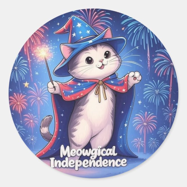 Sticker Rond Indépendance Meowgical - Magicien Patriotique Chat (Devant)