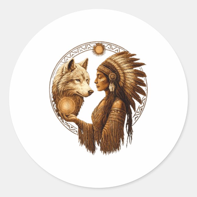 Sticker Rond Indian Native American Woman With White Wolf Vinta (Devant)