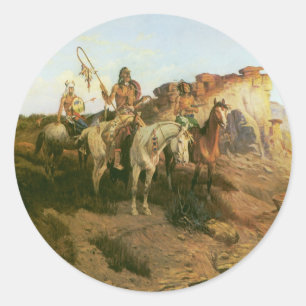 Sticker Rond Indiens vintage, rôdeurs de la prairie, Seltzer,